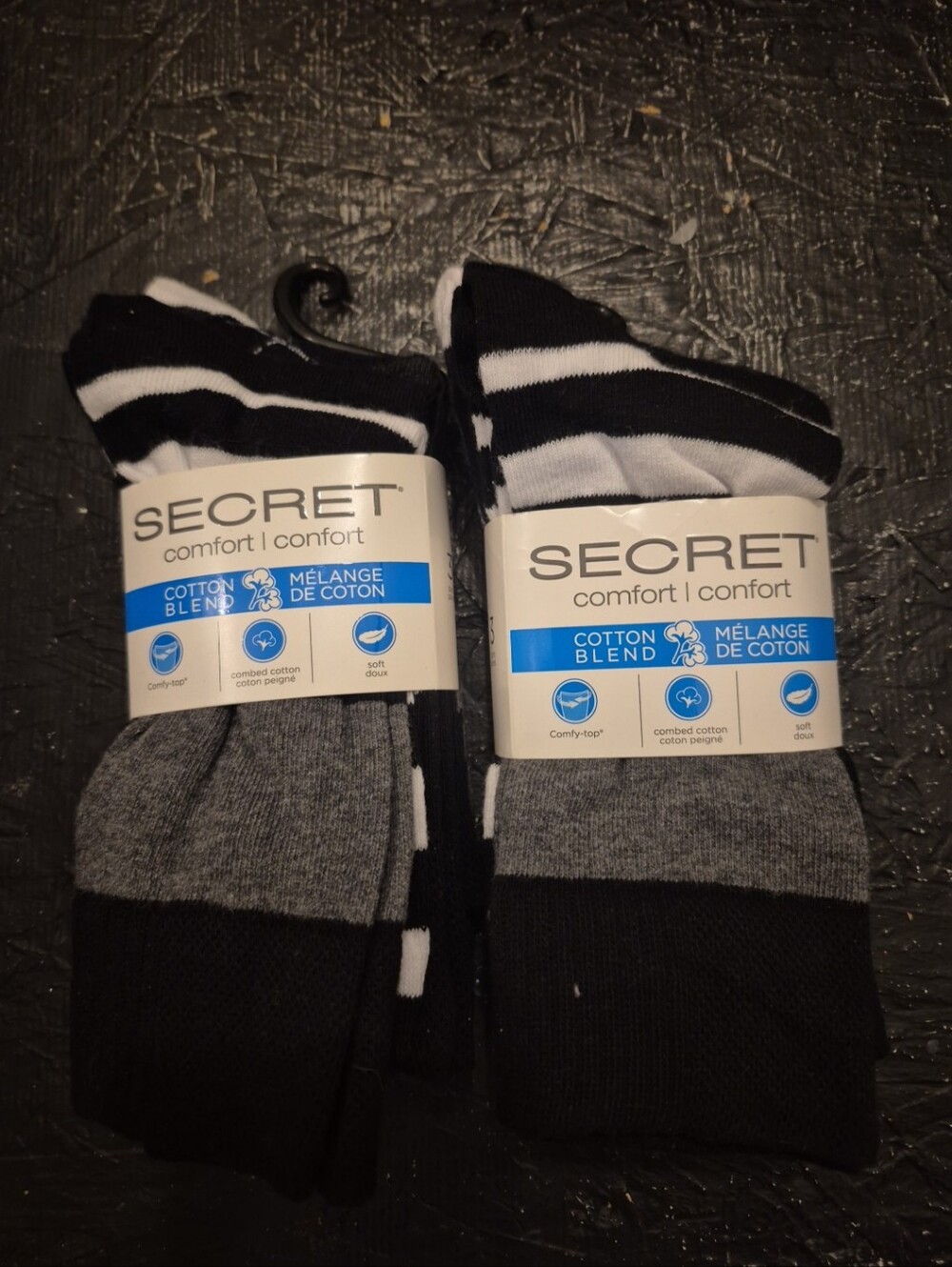 2 Secret Comfort Cotton Blend 3 Pairs Women's Black & White Stripped Crew Socks